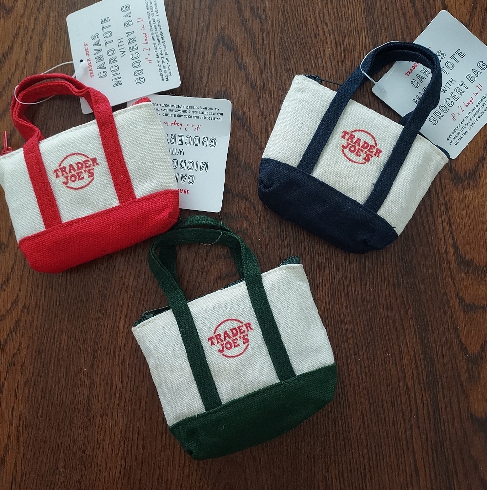 Trader Joe's Micro Mini Canvas Tote Bag 2 In 1 Grocery Bag Lot Red Navy Green